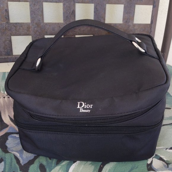 ❤️2 Bags DIOR BEAUTY Black Nylon Dual Cosmetic Top Handle Case Silver Zippers - Picture 1 of 10